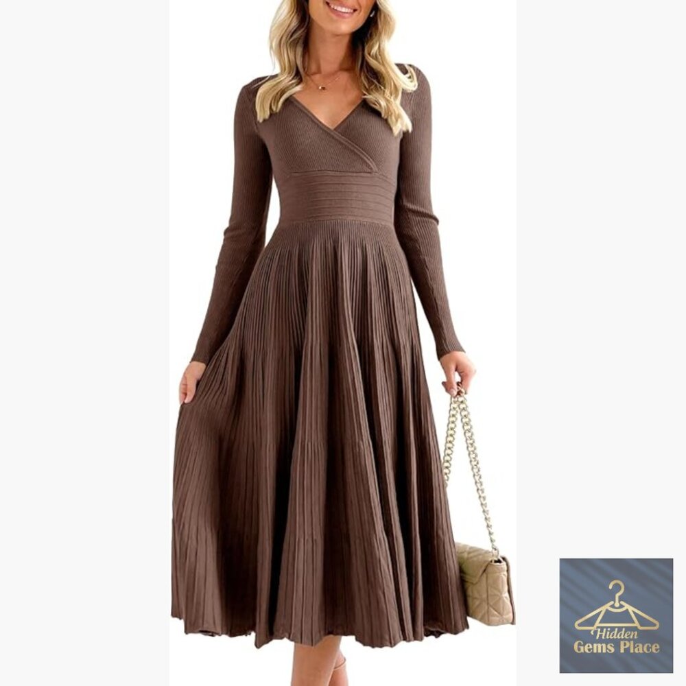 Long Sleeve Midi Sweater Dress Wrap V Neck Pleated A Line Fit Flare